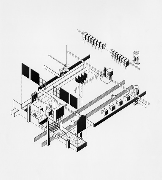 Autor: Stanley Allen Título do Projeto: The Theater of Production. Curso / AY: Tese, 1980-81. Professores: John Hejduk, Raimund Abraham, Anthony Cândido, Ricardo Scofidio, Robert Slutzky, Bernard Tschumi. Imagem Cortesia do Arquivo da Escola de Arquitectura Irwin S. Chanin, The Cooper Union