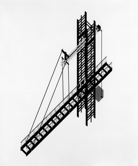 Autor: Karen Bausman. Título do projeto: One-Way Bridge. Curso / AY: Tese, 1981-82. Professores: John Hejduk, Anthony Candido, Lewis Davis, Roderick Knox, Richard Stein, Muralha de Donald. Imagem Cortesia do Arquivo da Escola de Arquitectura Irwin S. Chanin, The Cooper Union