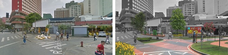 Vazios no cruzamento na Rua dos Goitacazes torna o local hostil aos pedestres. Projeto prevê novos canteiros e marcações na via.. Image Cortesia de TheCityFix Brasil